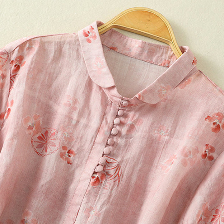 Camisa de algodón para mujer con estampado de Buddha Stones , botones de rana, solapa y media manga - image 2