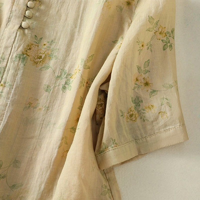 Camisa de algodón para mujer con estampado de Buddha Stones , botones de rana, solapa y media manga - image 20