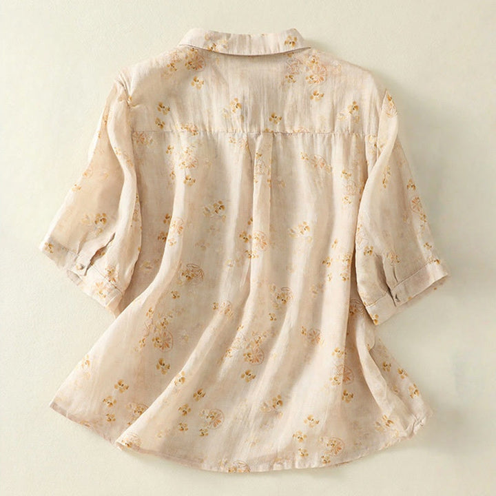 Camisa de algodón para mujer con estampado de Buddha Stones , botones de rana, solapa y media manga - image 9