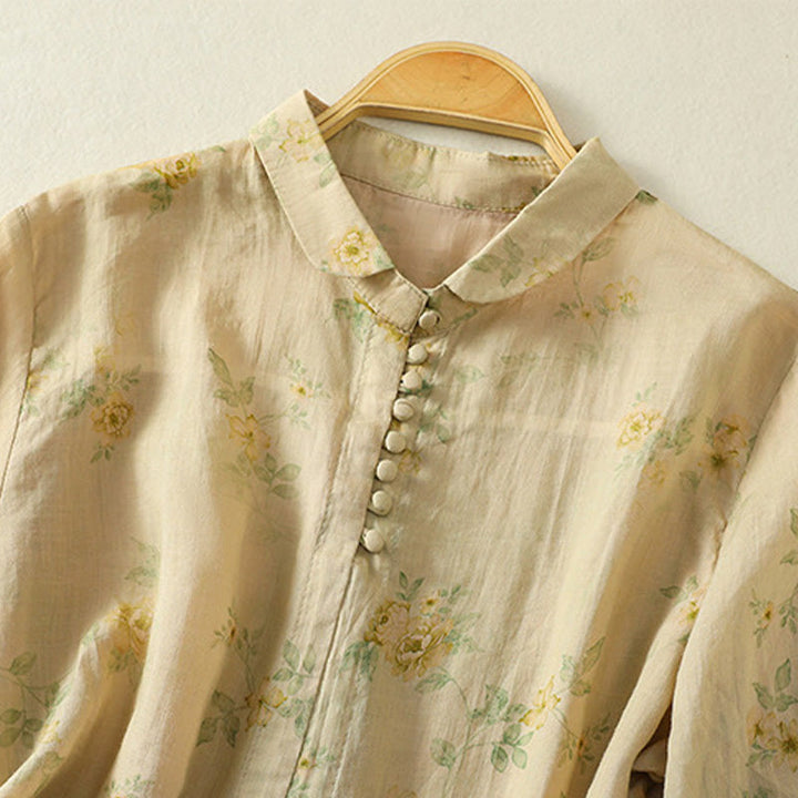 Camisa de algodón para mujer con estampado de Buddha Stones , botones de rana, solapa y media manga - image 18