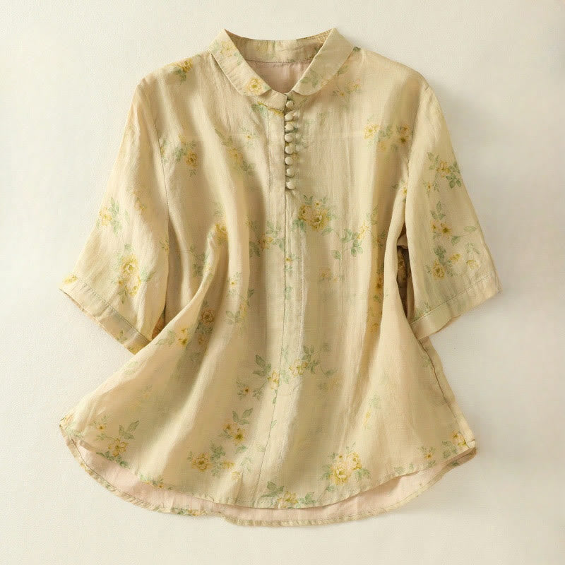 Camisa de algodón para mujer con estampado de Buddha Stones , botones de rana, solapa y media manga - Caqui - US8-10，UK/AU12-14，EU40-42 (2XL) - image 16