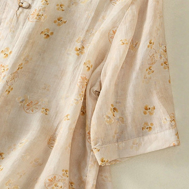 Camisa de algodón para mujer con estampado de Buddha Stones , botones de rana, solapa y media manga - image 13