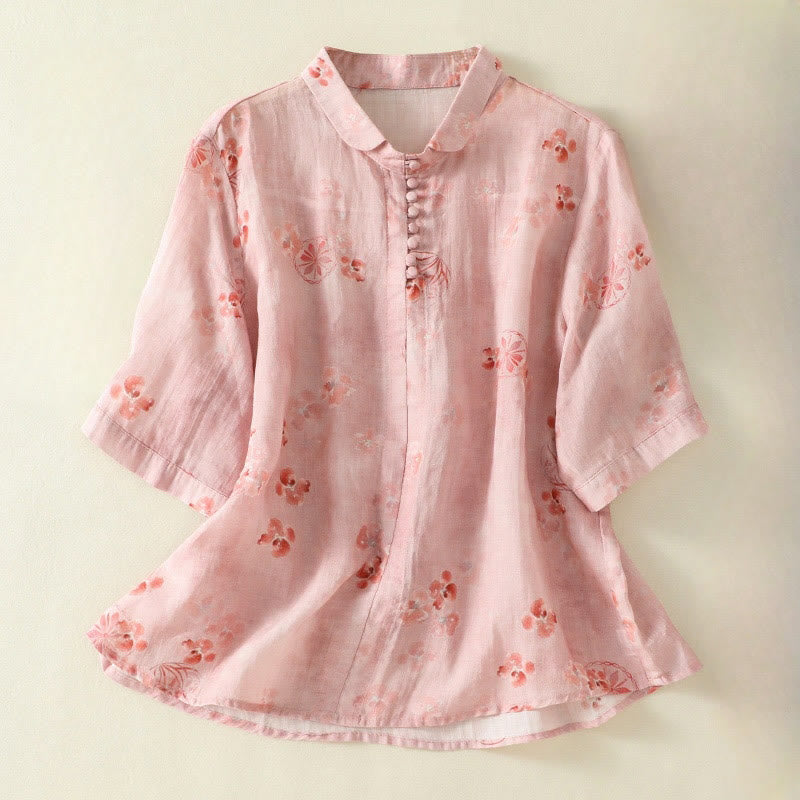 Camisa de algodón para mujer con estampado de Buddha Stones , botones de rana, solapa y media manga - Coral claro - US8-10，UK/AU12-14，EU40-42 (2XL) - image 0