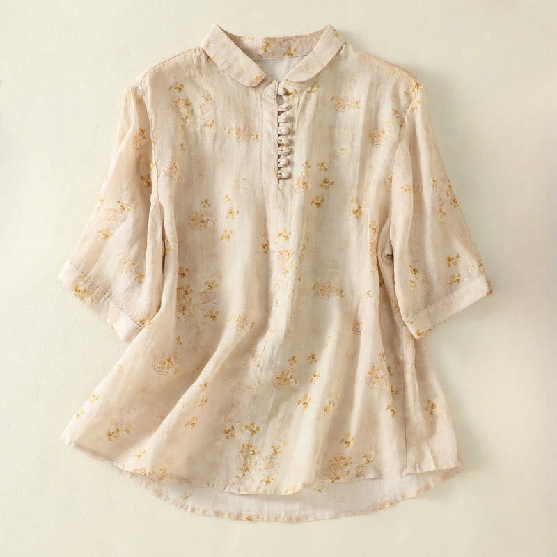 Camisa de algodón para mujer con estampado de Buddha Stones , botones de rana, solapa y media manga - Chifón de limón - US8-10，UK/AU12-14，EU40-42 (2XL) - image 8