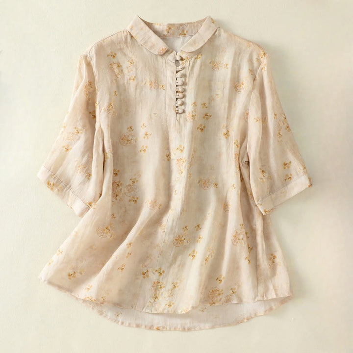 Camisa de algodón para mujer con estampado de Buddha Stones , botones de rana, solapa y media manga - Chifón de limón - US8-10，UK/AU12-14，EU40-42 (2XL) - image 8