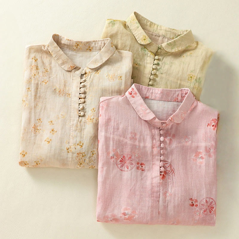 Camisa de algodón para mujer con estampado de Buddha Stones , botones de rana, solapa y media manga - image 23