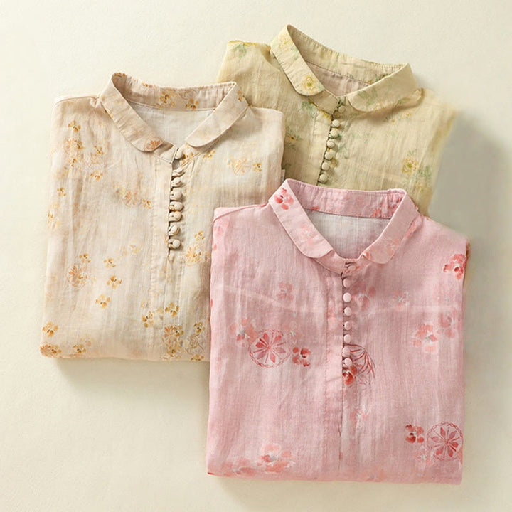 Camisa de algodón para mujer con estampado de Buddha Stones , botones de rana, solapa y media manga - image 23