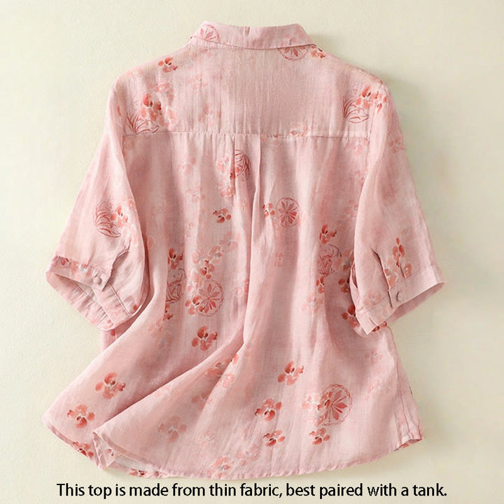 Camisa de algodón para mujer con estampado de Buddha Stones , botones de rana, solapa y media manga - image 1