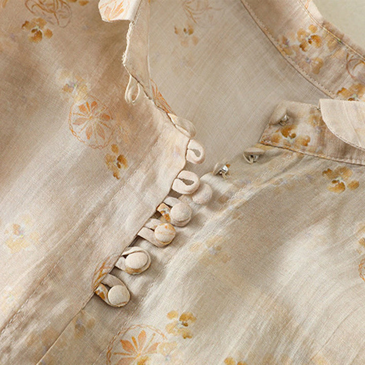 Camisa de algodón para mujer con estampado de Buddha Stones , botones de rana, solapa y media manga - image 12