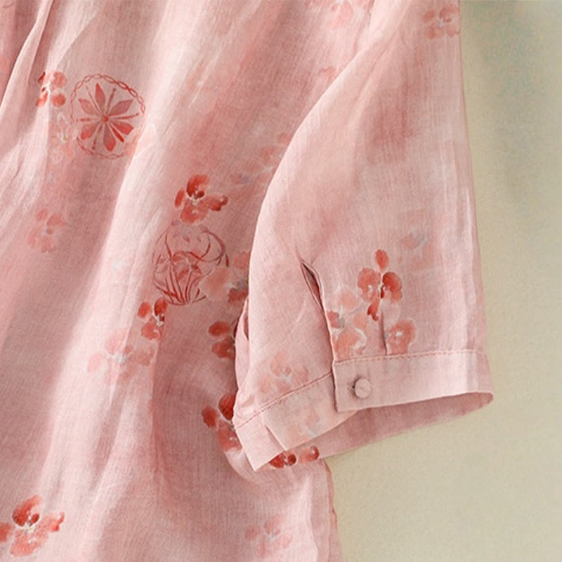 Camisa de algodón para mujer con estampado de Buddha Stones , botones de rana, solapa y media manga - image 5