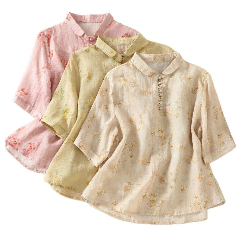 Camisa de algodón para mujer con estampado de Buddha Stones , botones de rana, solapa y media manga - image 24