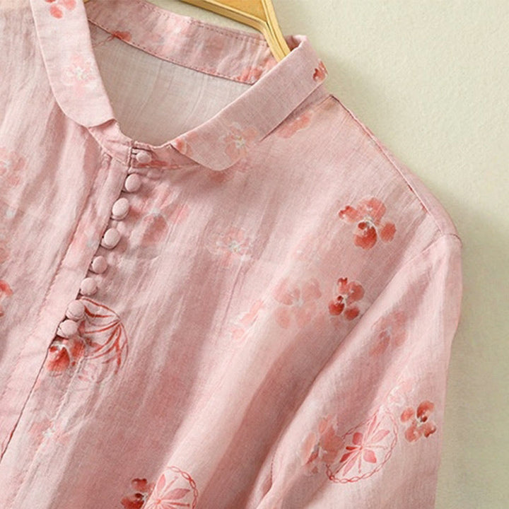 Camisa de algodón para mujer con estampado de Buddha Stones , botones de rana, solapa y media manga - image 3