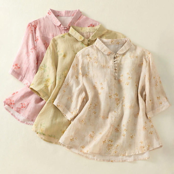 Camisa de algodón para mujer con estampado de Buddha Stones , botones de rana, solapa y media manga - image 22