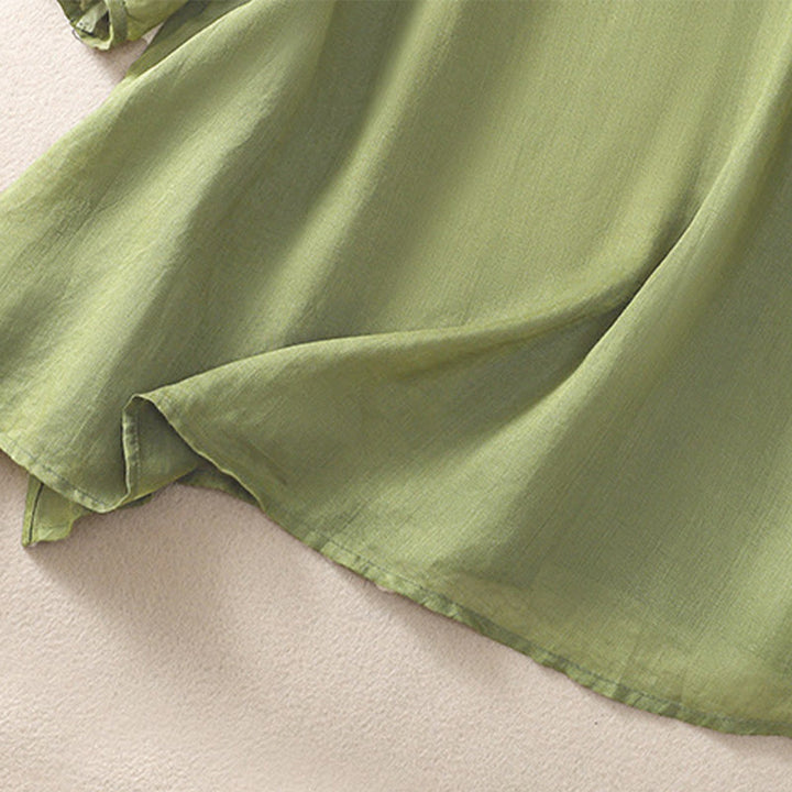 Camiseta de algodón y lino de media manga para mujer con bordado floral de Buddha Stones y dobladillo con abertura - image 6