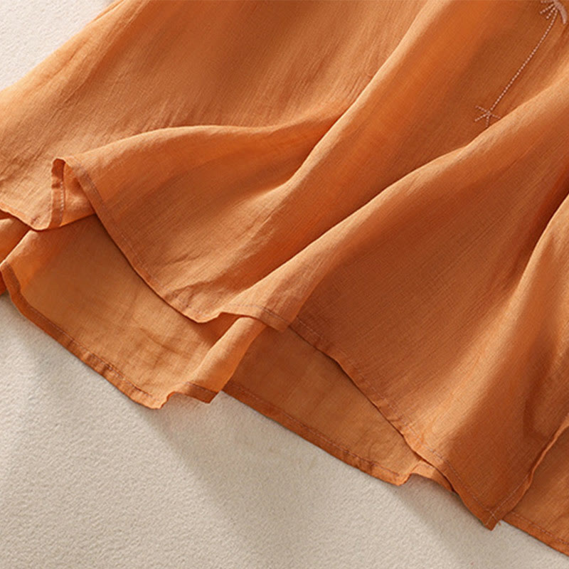 Camiseta de algodón y lino de media manga para mujer con bordado floral de Buddha Stones y dobladillo con abertura - image 17