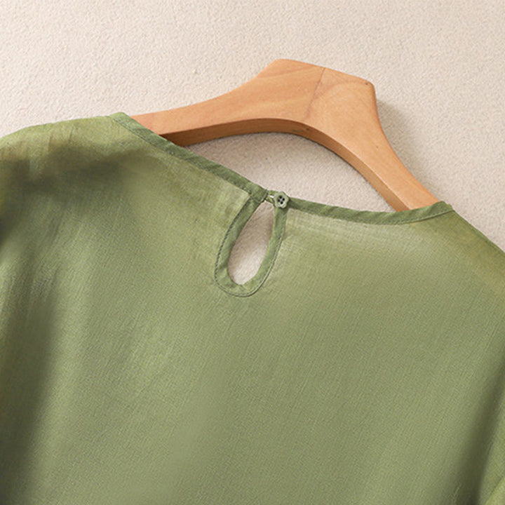 Camiseta de algodón y lino de media manga para mujer con bordado floral de Buddha Stones y dobladillo con abertura - image 3