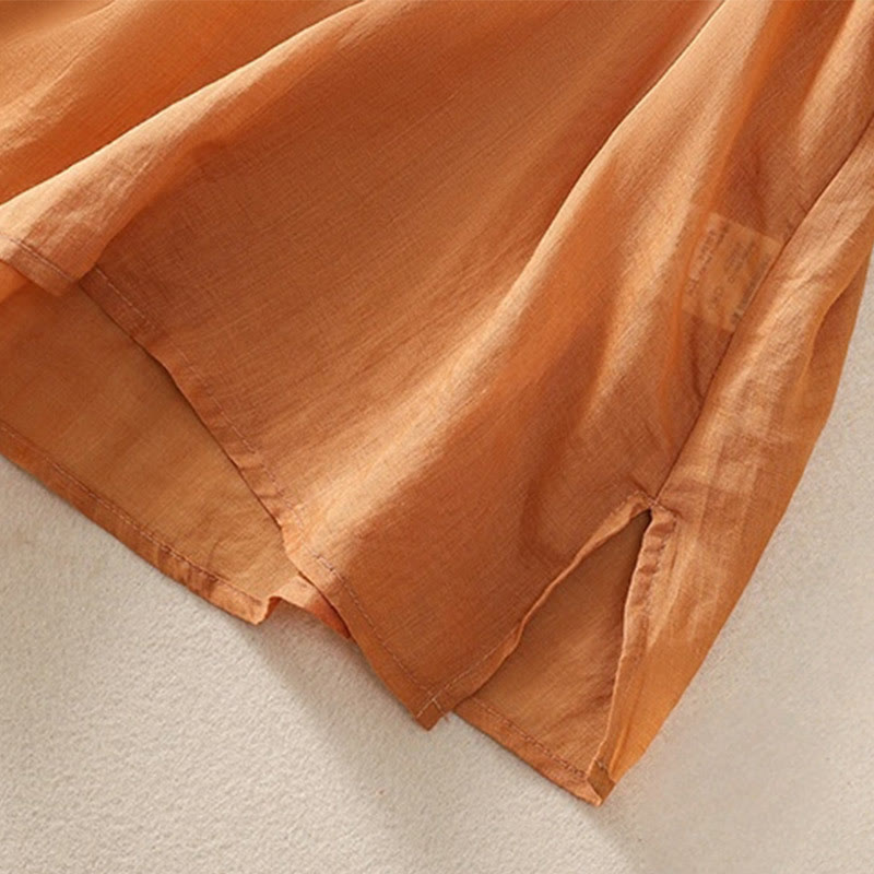 Camiseta de algodón y lino de media manga para mujer con bordado floral de Buddha Stones y dobladillo con abertura - image 16