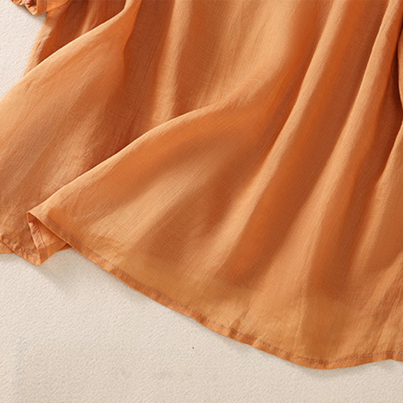 Camiseta de algodón y lino de media manga para mujer con bordado floral de Buddha Stones y dobladillo con abertura - image 15