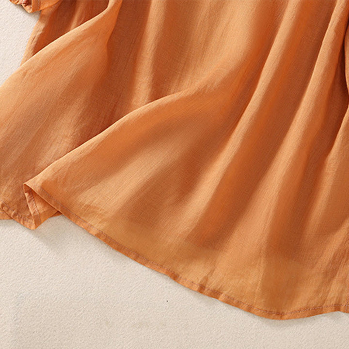 Camiseta de algodón y lino de media manga para mujer con bordado floral de Buddha Stones y dobladillo con abertura - image 15