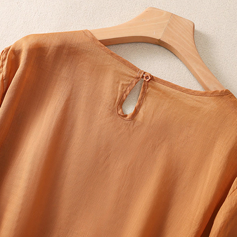 Camiseta de algodón y lino de media manga para mujer con bordado floral de Buddha Stones y dobladillo con abertura - image 12