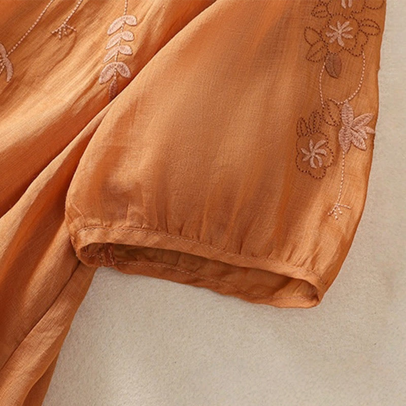 Camiseta de algodón y lino de media manga para mujer con bordado floral de Buddha Stones y dobladillo con abertura - image 14