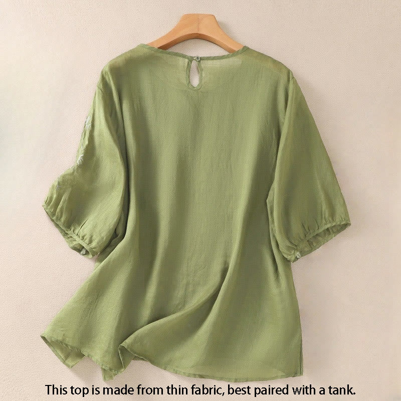 Camiseta de algodón y lino de media manga para mujer con bordado floral de Buddha Stones y dobladillo con abertura - image 1