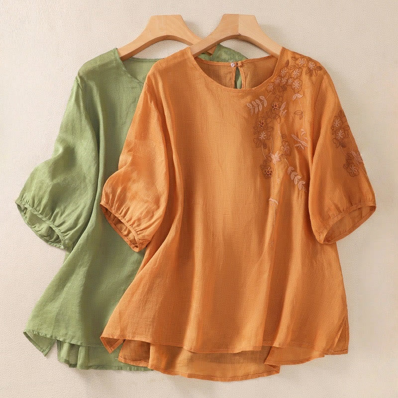 Camiseta de algodón y lino de media manga para mujer con bordado floral de Buddha Stones y dobladillo con abertura - image 19