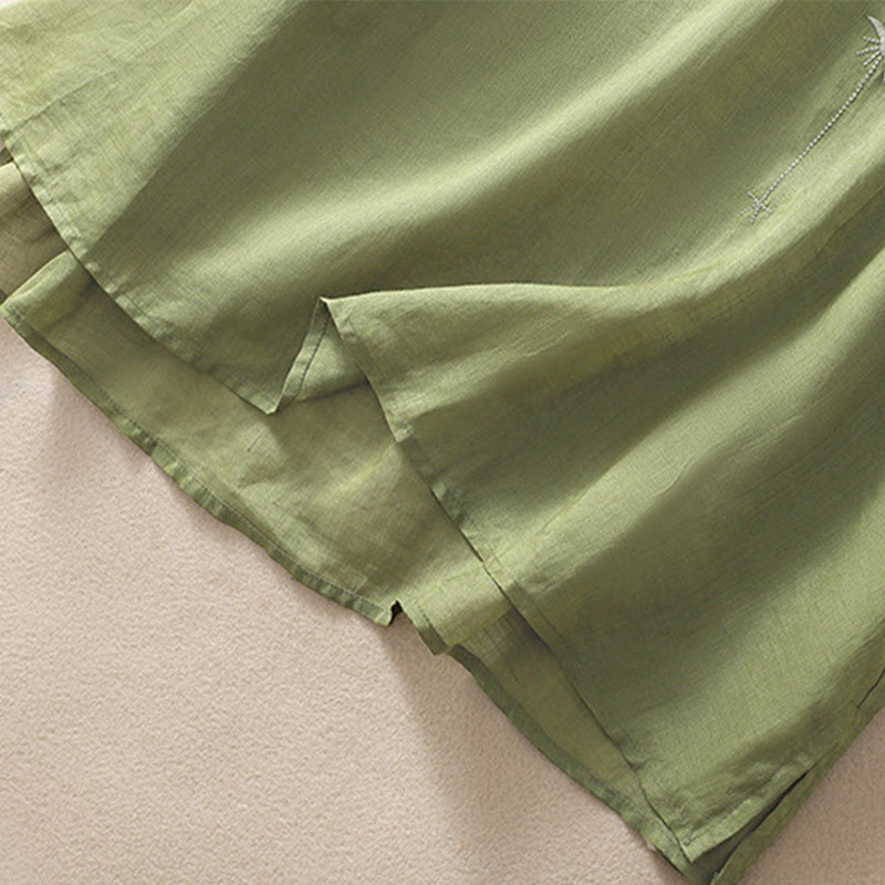 Camiseta de algodón y lino de media manga para mujer con bordado floral de Buddha Stones y dobladillo con abertura - image 8