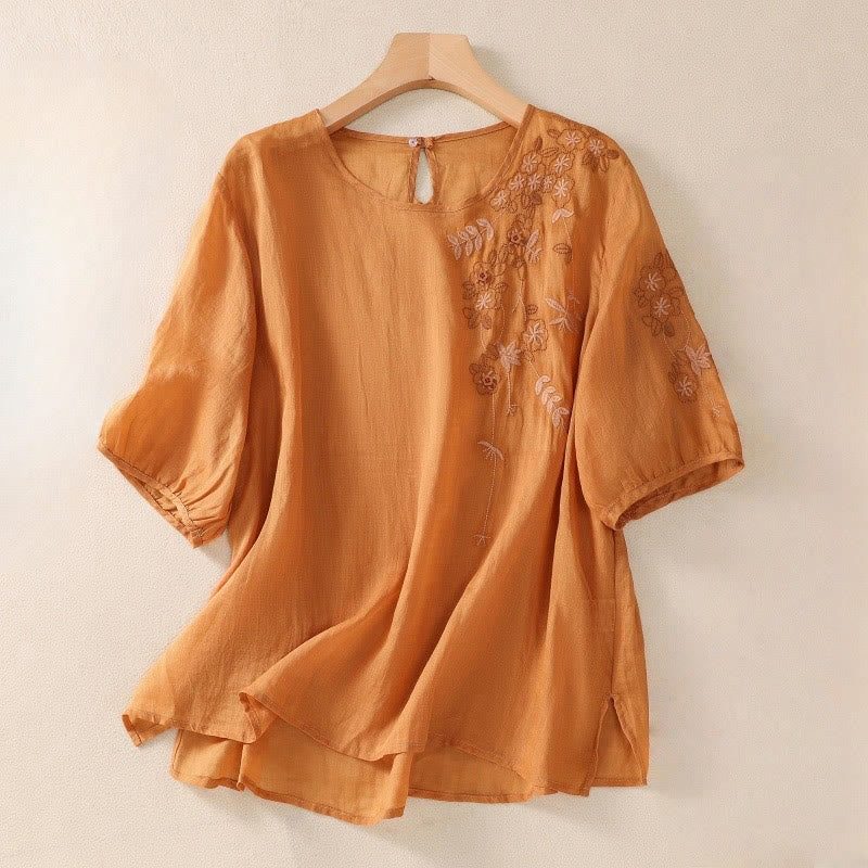 Camiseta de algodón y lino de media manga para mujer con bordado floral de Buddha Stones y dobladillo con abertura - Naranja oscuro - US14，UK/AU18，EU46 (2XL) - image 9
