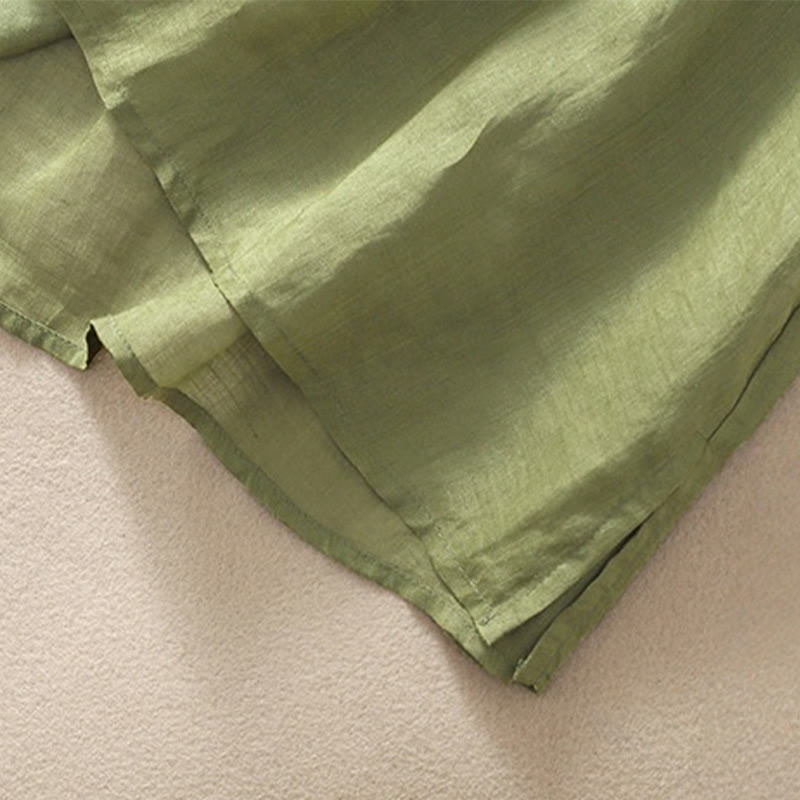 Camiseta de algodón y lino de media manga para mujer con bordado floral de Buddha Stones y dobladillo con abertura - image 7