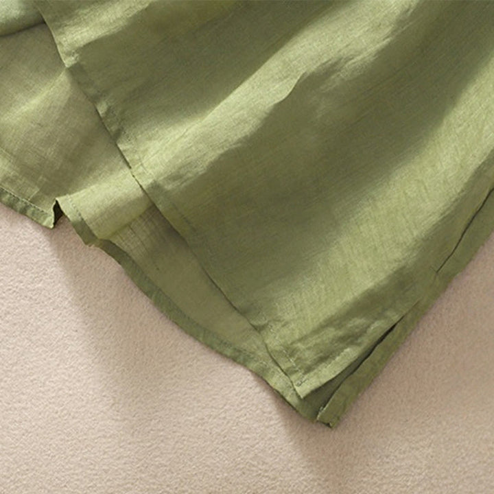 Camiseta de algodón y lino de media manga para mujer con bordado floral de Buddha Stones y dobladillo con abertura - image 7