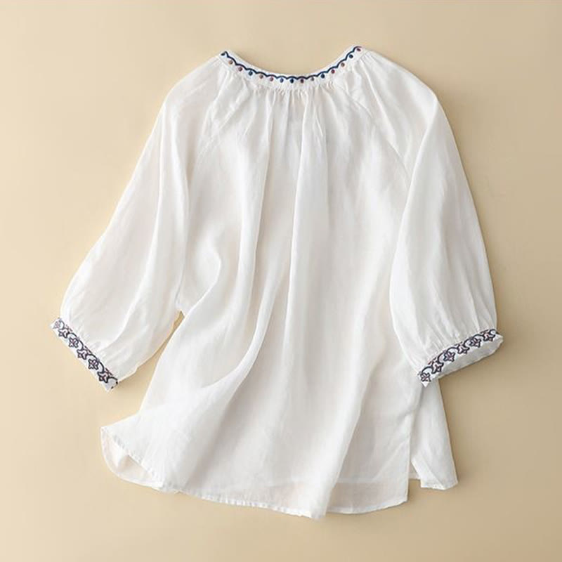 Camiseta de lino y algodón para mujer con mangas tres cuartos de farol y bordado de Buddha Stones Summer - image 6