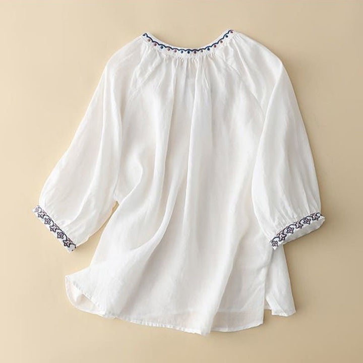 Camiseta de lino y algodón para mujer con mangas tres cuartos de farol y bordado de Buddha Stones Summer - image 6