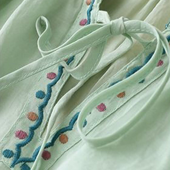 Camiseta de lino y algodón para mujer con mangas tres cuartos de farol y bordado de Buddha Stones Summer - image 2