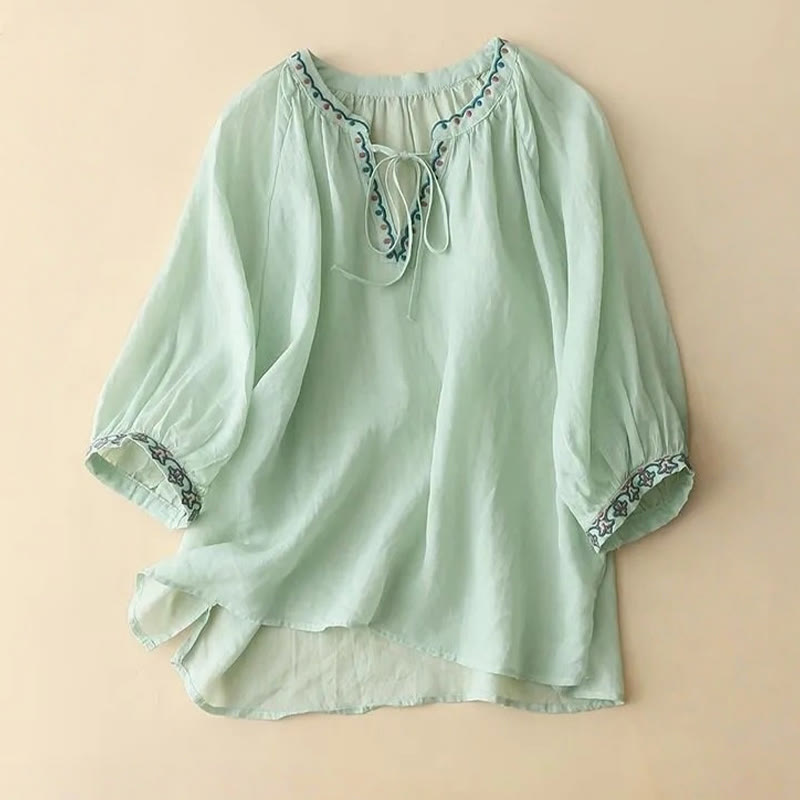 Camiseta de lino y algodón para mujer con mangas tres cuartos de farol y bordado de Buddha Stones Summer - Aguamarina - US14, UK/AU18, EU46 (3XL) - image 0