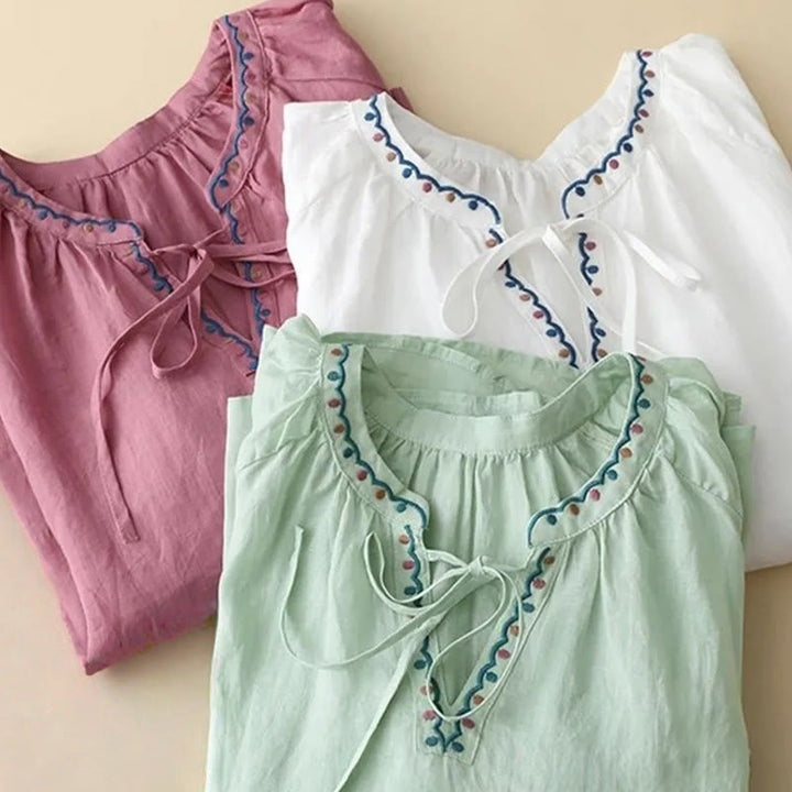 Camiseta de lino y algodón para mujer con mangas tres cuartos de farol y bordado de Buddha Stones Summer - image 16