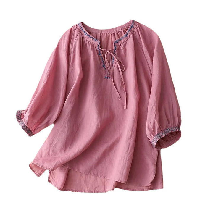 Camiseta de lino y algodón para mujer con mangas tres cuartos de farol y bordado de Buddha Stones Summer - image 16