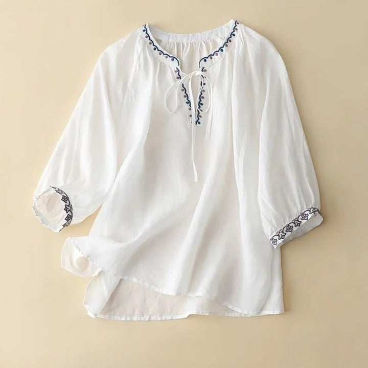 Camiseta de lino y algodón para mujer con mangas tres cuartos de farol y bordado de Buddha Stones Summer - Blanco - US14, UK/AU18, EU46 (3XL) - image 4