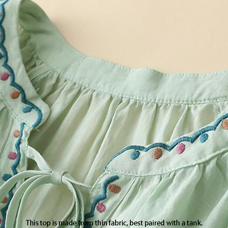 Camiseta de lino y algodón para mujer con mangas tres cuartos de farol y bordado de Buddha Stones Summer - image 1