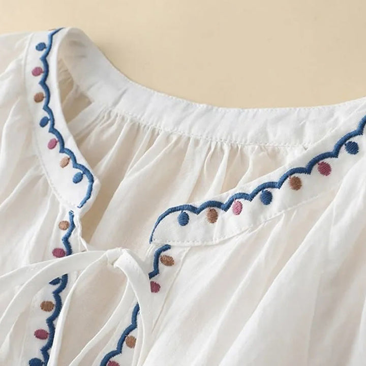 Camiseta de lino y algodón para mujer con mangas tres cuartos de farol y bordado de Buddha Stones Summer - image 7