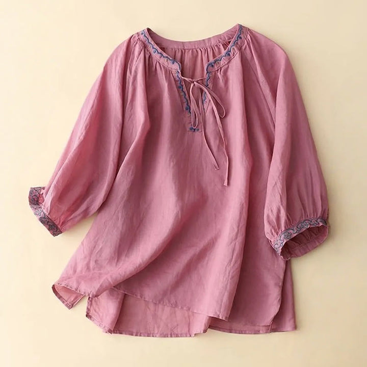 Camiseta de lino y algodón para mujer con mangas tres cuartos de farol y bordado de Buddha Stones Summer - Violeta pálido rojo - US14, UK/AU18, EU46 (3XL) - image 12