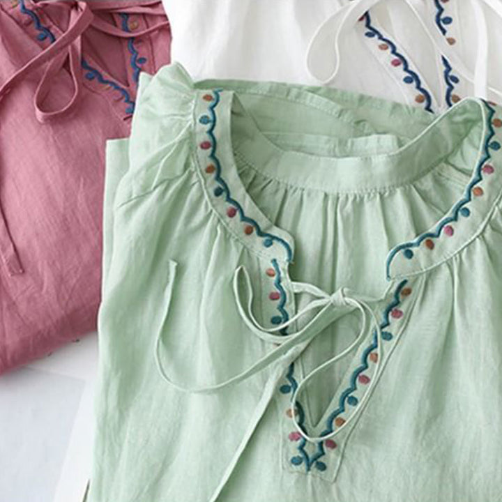 Camiseta de lino y algodón para mujer con mangas tres cuartos de farol y bordado de Buddha Stones Summer - image 17