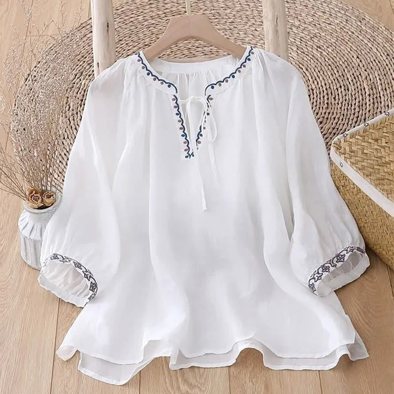 Camiseta de lino y algodón para mujer con mangas tres cuartos de farol y bordado de Buddha Stones Summer - image 6