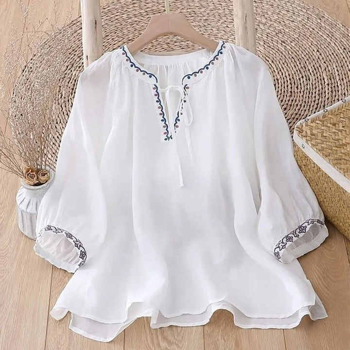 Camiseta de lino y algodón para mujer con mangas tres cuartos de farol y bordado de Buddha Stones Summer - image 6