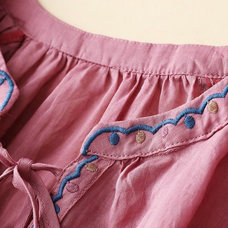 Camiseta de lino y algodón para mujer con mangas tres cuartos de farol y bordado de Buddha Stones Summer - image 12