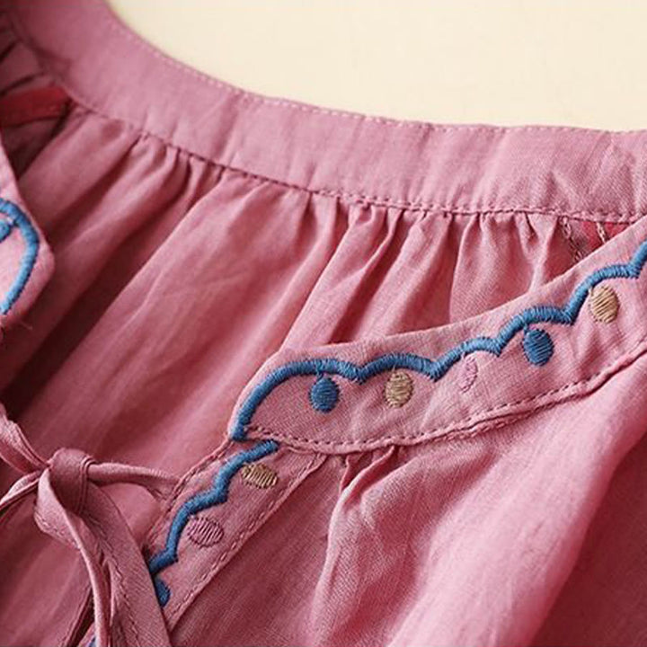 Camiseta de lino y algodón para mujer con mangas tres cuartos de farol y bordado de Buddha Stones Summer - image 12