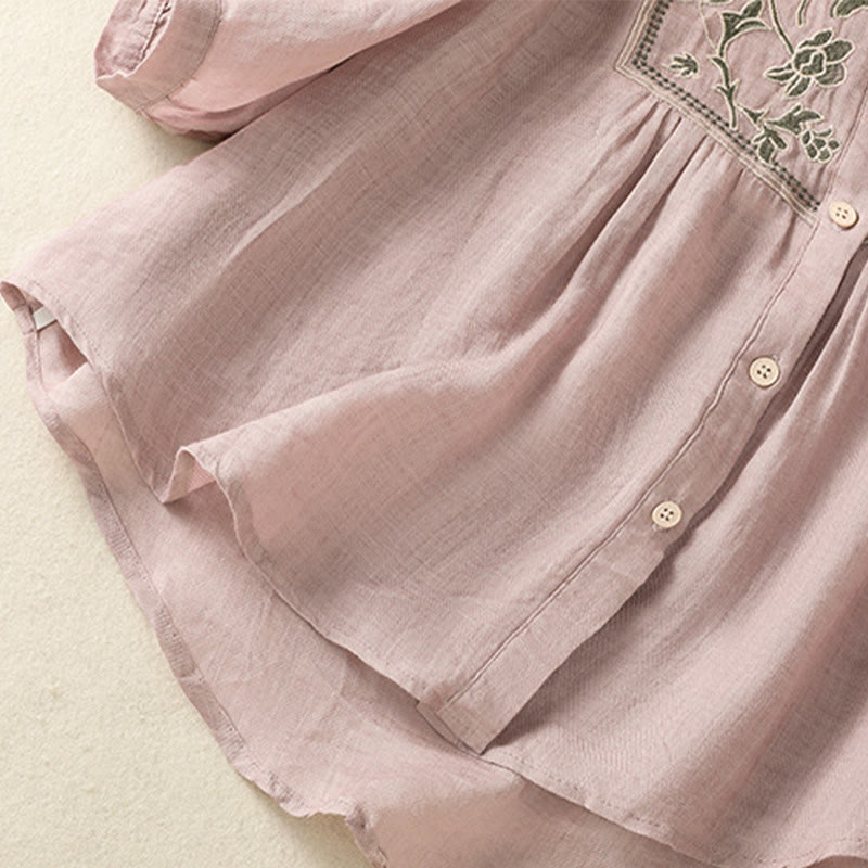 Camisa de lino y algodón para mujer, de manga tres cuartos, con bordado de Buddha Stones y botonadura sencilla - image 16