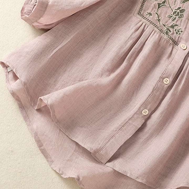 Camisa de lino y algodón para mujer, de manga tres cuartos, con bordado de Buddha Stones y botonadura sencilla - image 16