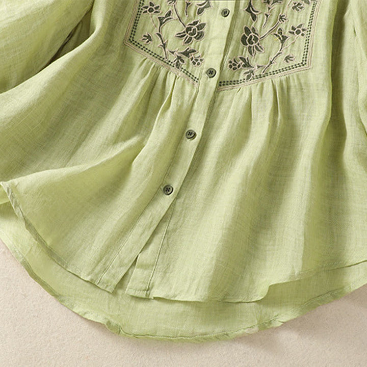 Camisa de lino y algodón para mujer, de manga tres cuartos, con bordado de Buddha Stones y botonadura sencilla - image 5