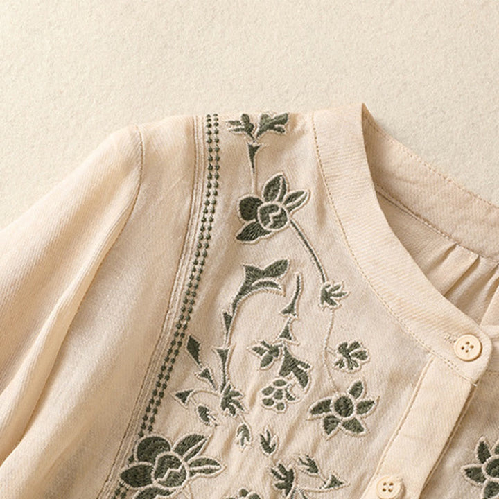 Camisa de lino y algodón para mujer, de manga tres cuartos, con bordado de Buddha Stones y botonadura sencilla - image 21